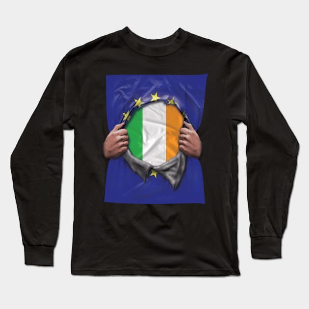 Ireland Flag European Union Flag Ripped Open - Gift for Irish From Ireland Long Sleeve T-Shirt by Country Flags